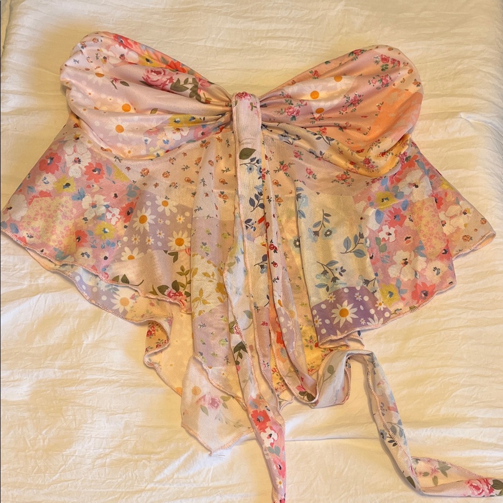 Floral Bow Strapless Tie Top